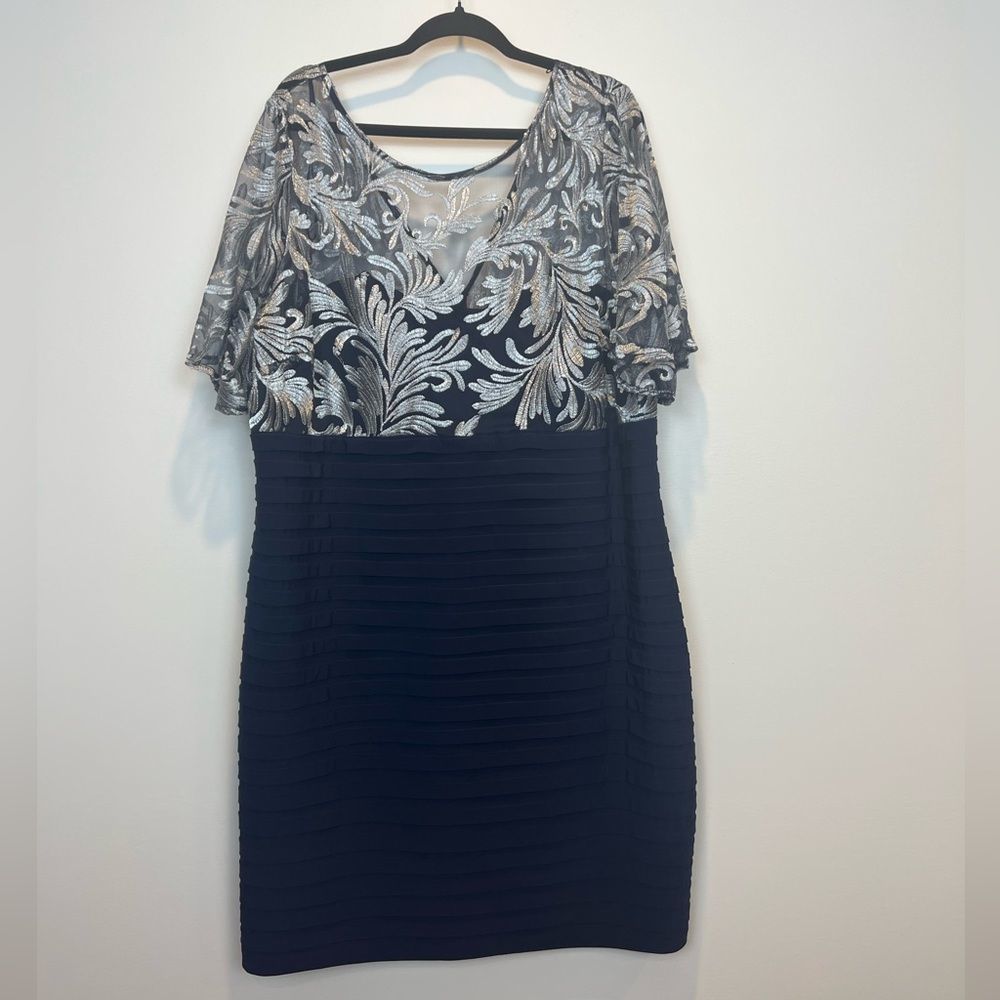 Scarlett Navy and Silver Overlay Knee Length Dress 24W